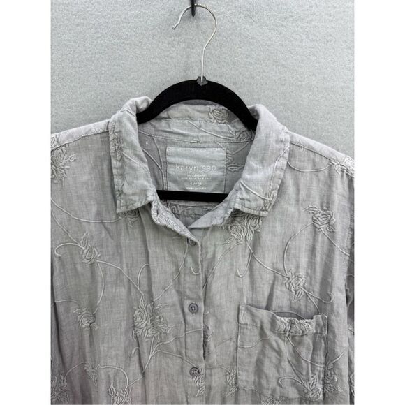 Karyn Seo Womens Gray Linen Embroidered Roll Tab Sleeve Button Up Shirt Sz Large - Picture 6 of 10